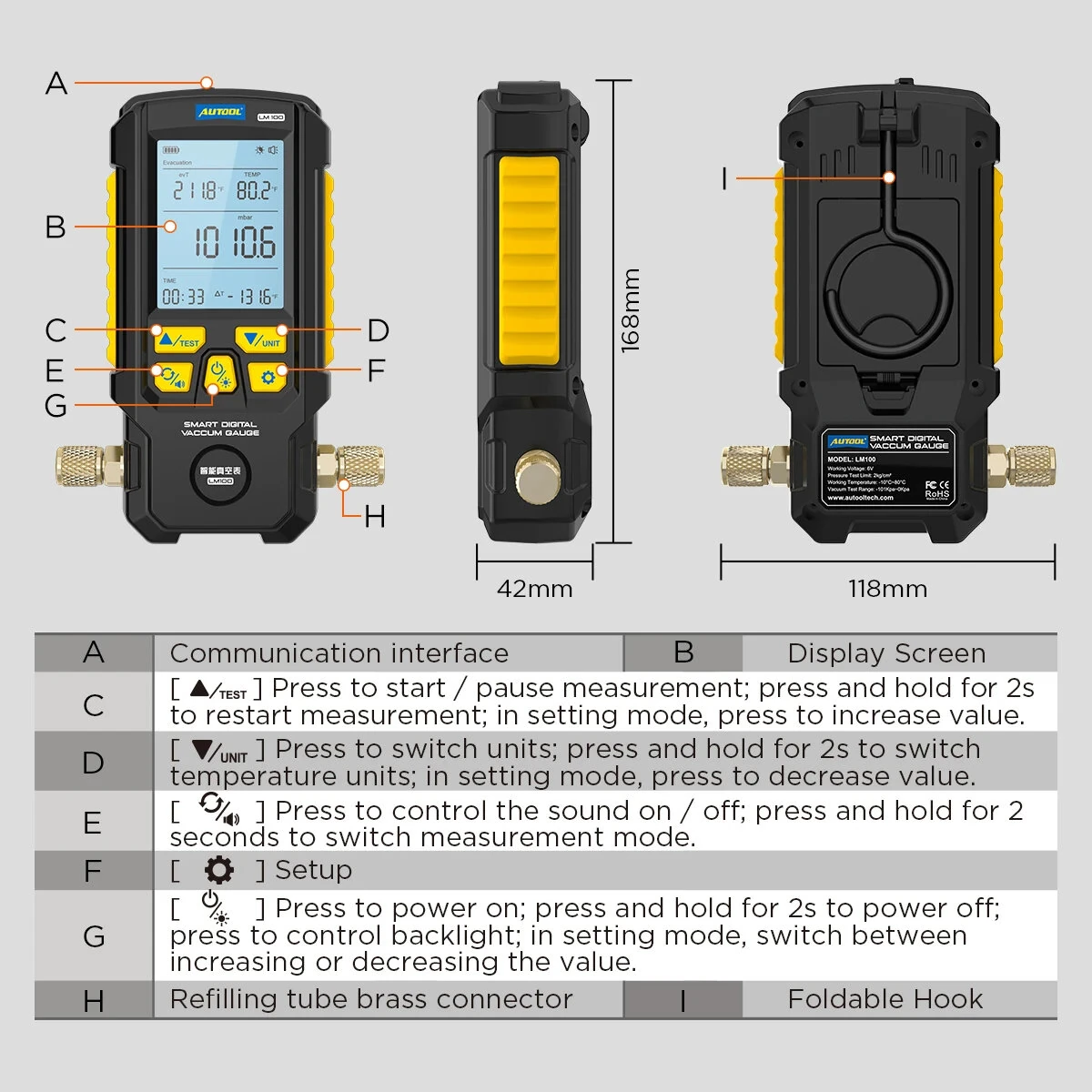 AUTOOL LM100 Digital Manifold Gauge | High Precision AC Leak Tester | Vacuum Pressure Test Tool - Image 5