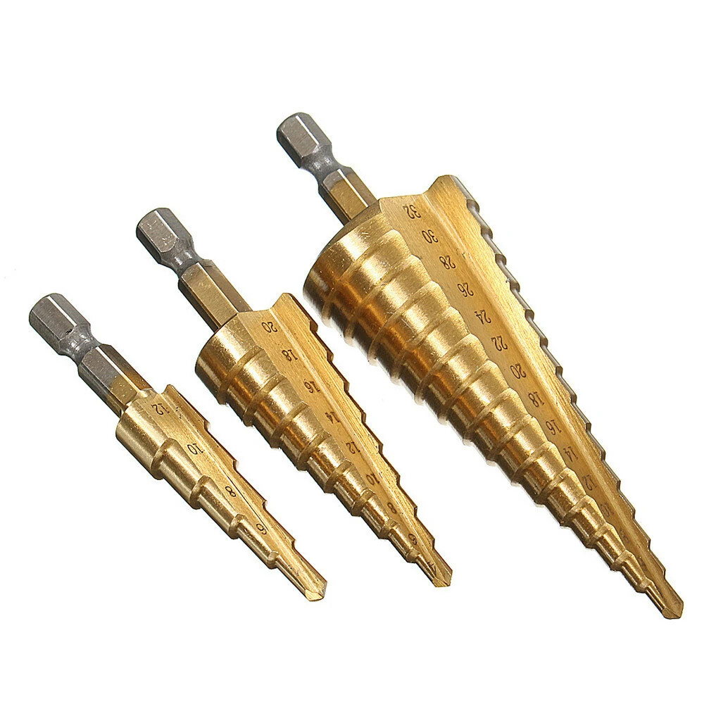Drillpro 3pcs HSS Titanium Step Drill Bit Set | 4-32mm | Hex Shank - Image 3