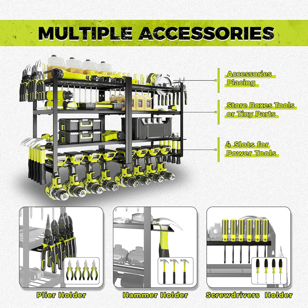4 Layer Heavy Duty Iron Tool Rack | Wall Mount Organizer & Charging Station | Garage Workshop - Image 3