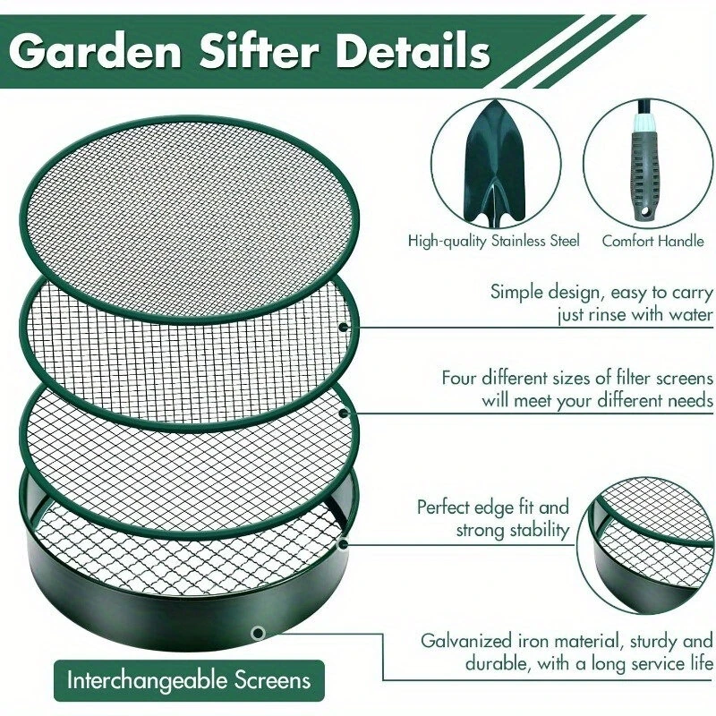 Soil Sifter Sieve - 4 Interchangeable Meshes for Compost & Dirt - 30cm Shovel - Image 4