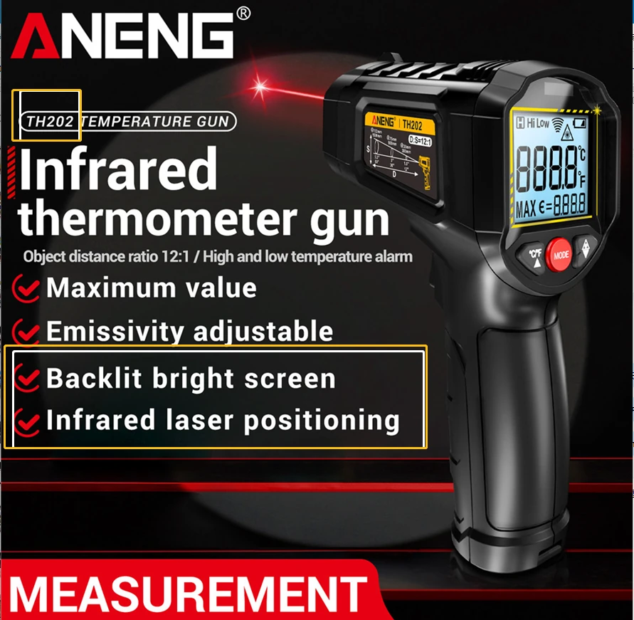 ANENG TH202 Infrared Thermometer Gun | -50°C to 600°C | Laser & LCD Backlit - Image 3