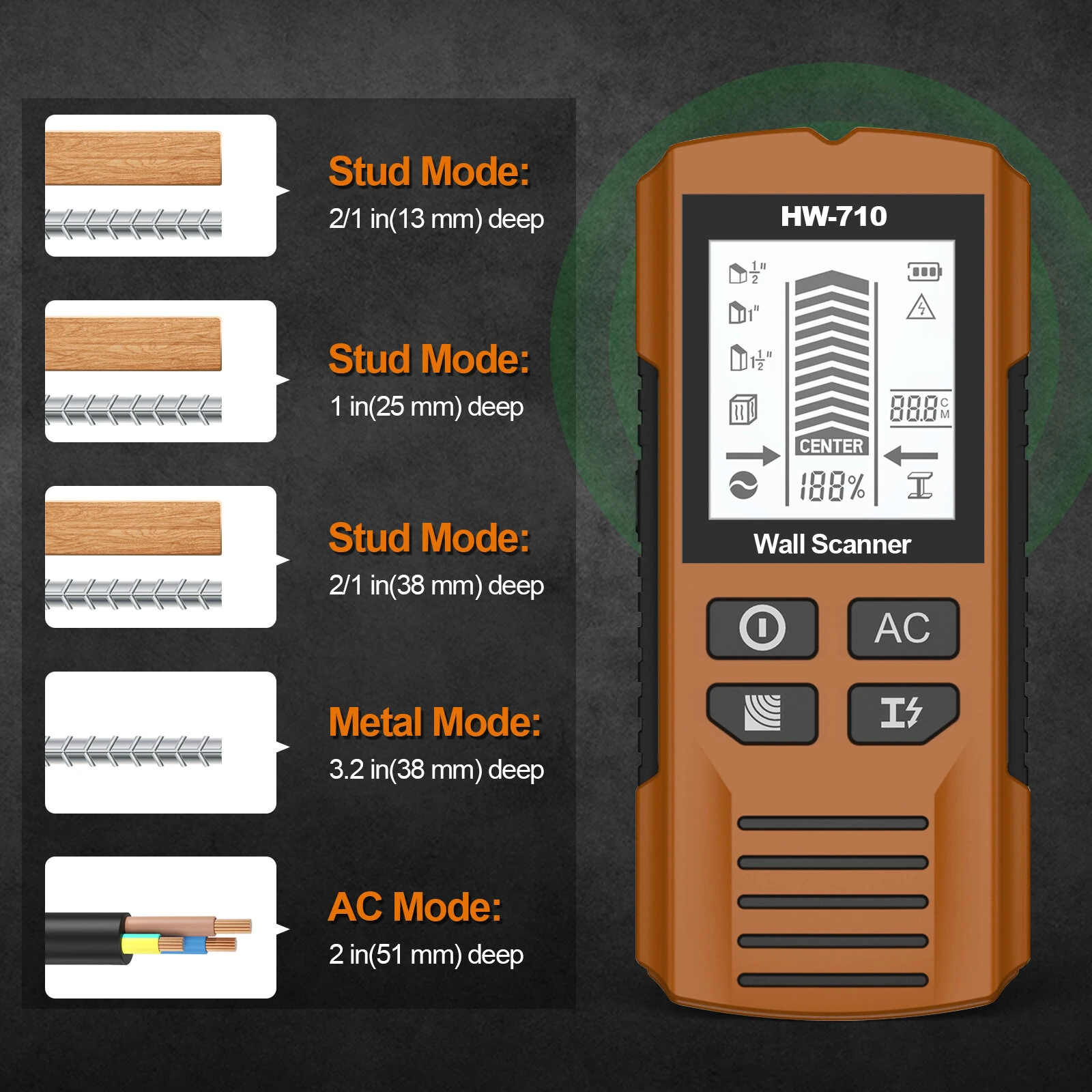HW-710 6-in-1 Wall Scanner Stud Finder | LCD Display, Detects Metal & AC Wires - Image 4