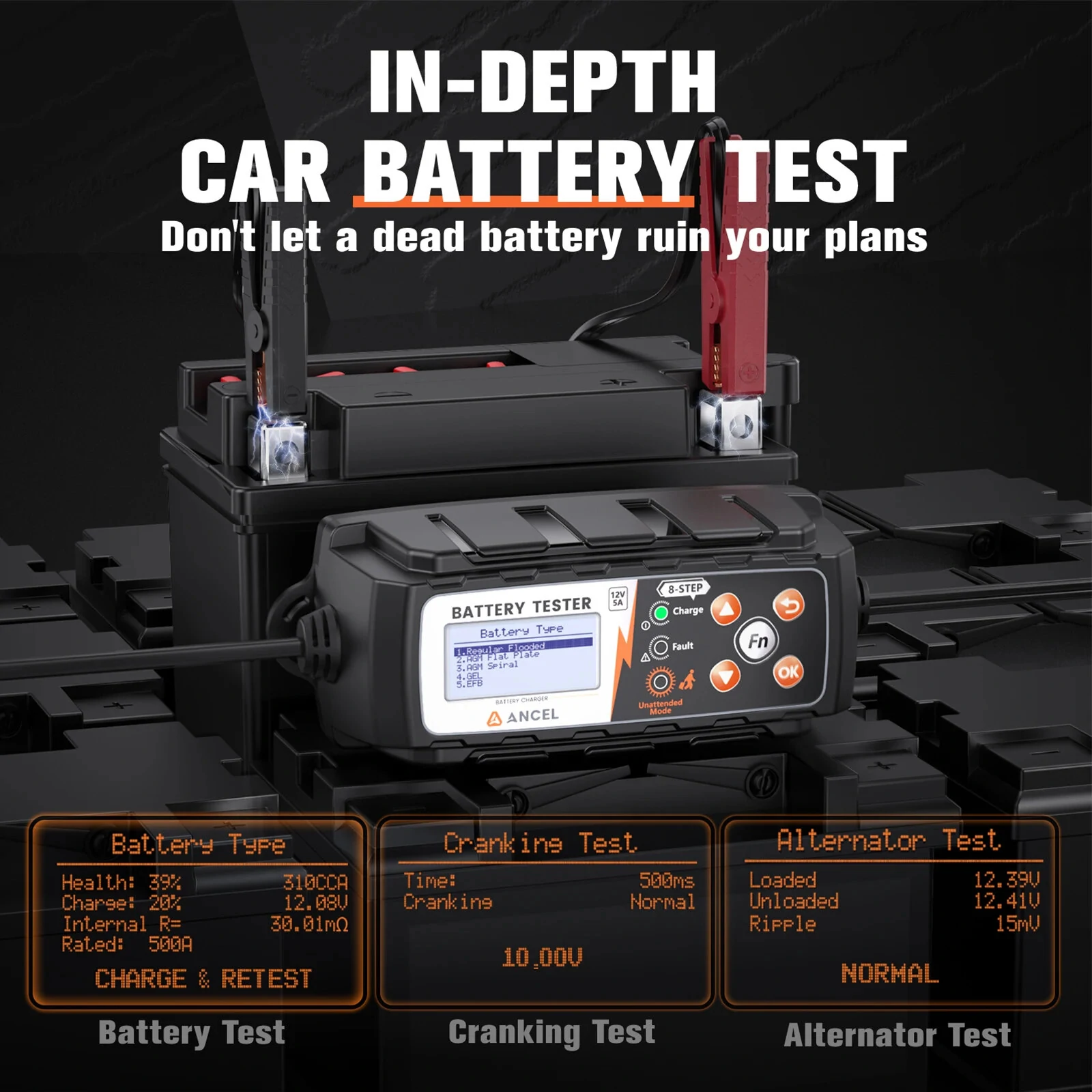 ANCEL BT521 12V Car Battery Tester & Charger | Advanced Conductance Tech | CCA Check, IP65 Waterproof, Auto Mode - Image 4