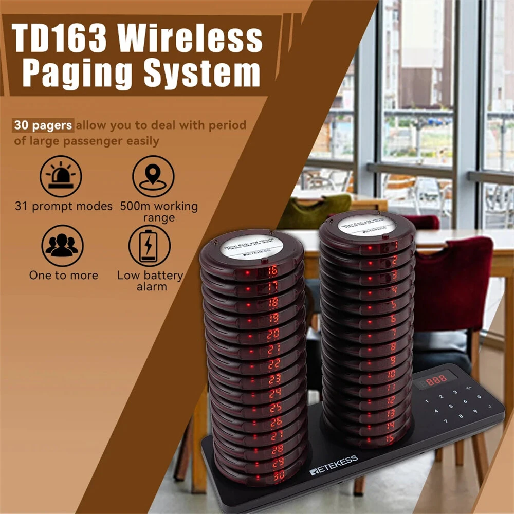 Retekess Wireless Pager System - 20/30 Pcs, 500m Range, IP33 Waterproof, 31 Prompt Modes - Image 2