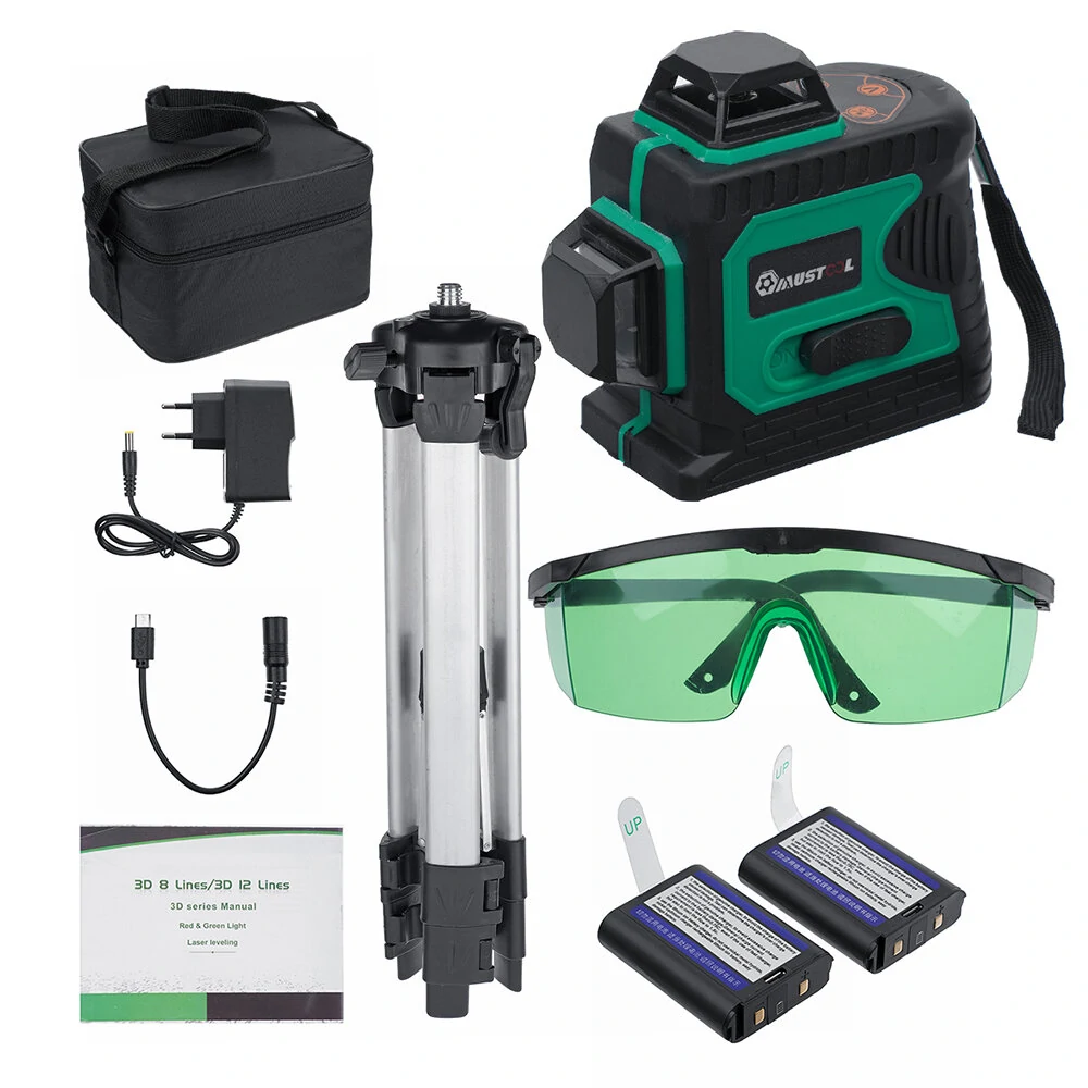 MUSTOOL 3D Green Laser Level - 12 Lines 360° Horizontal & Vertical with 2 Batteries - Image 2