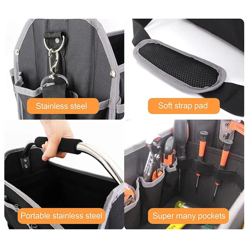 Multi Functional Tool Bag Heavy Duty 20kg Capacity | 40x27x22cm Black Organizer with Adjustable Shoulder Strap - Image 4