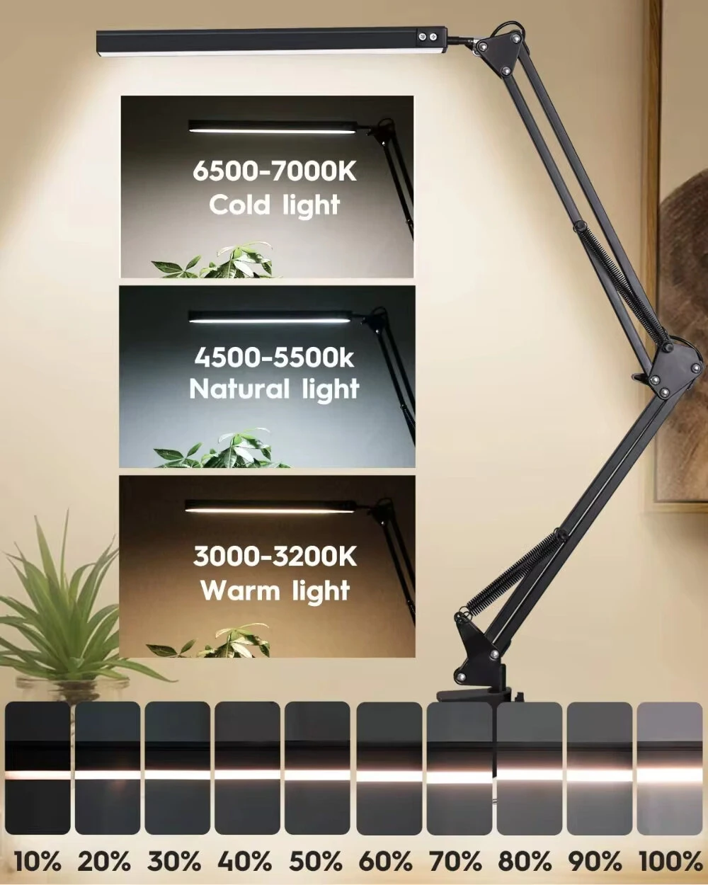 10W LED Desk Lamp with Clamp - Dimmable, 3 Color Modes, Eye-Care Light for Office - Image 3