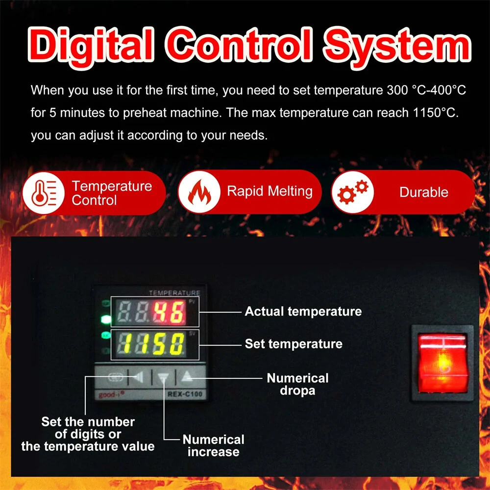 Digital Gold Melting Furnace 1400W - 3KG Capacity 1100°C - PID Control for Gold Silver Copper - Image 4