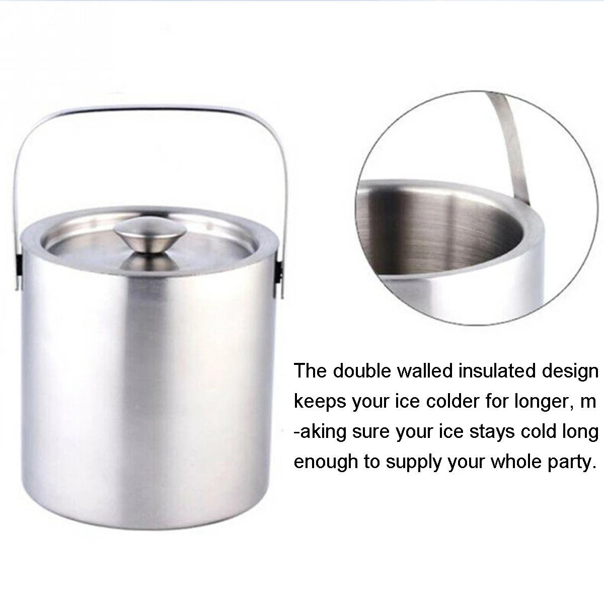 1.3L Double Wall Insulated Ice Bucket with Tongs | Stainless Steel Handle - Image 2