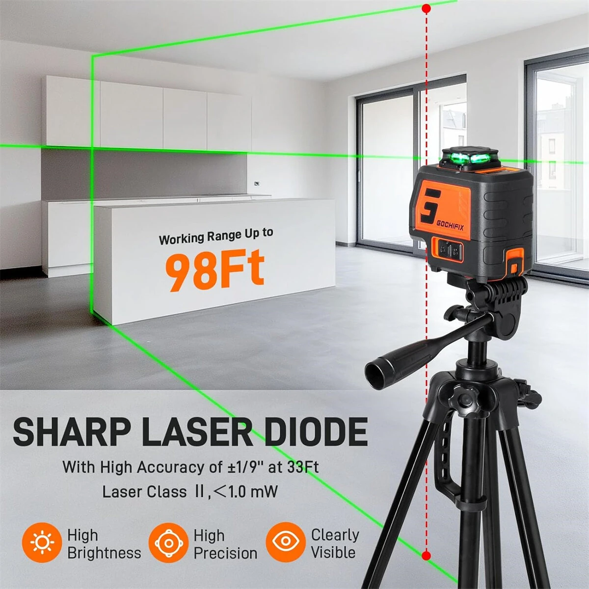 GOCHIFIX 5-Line Green Laser Level with Tripod | Self-Leveling | Floor Tile Kit - Image 2