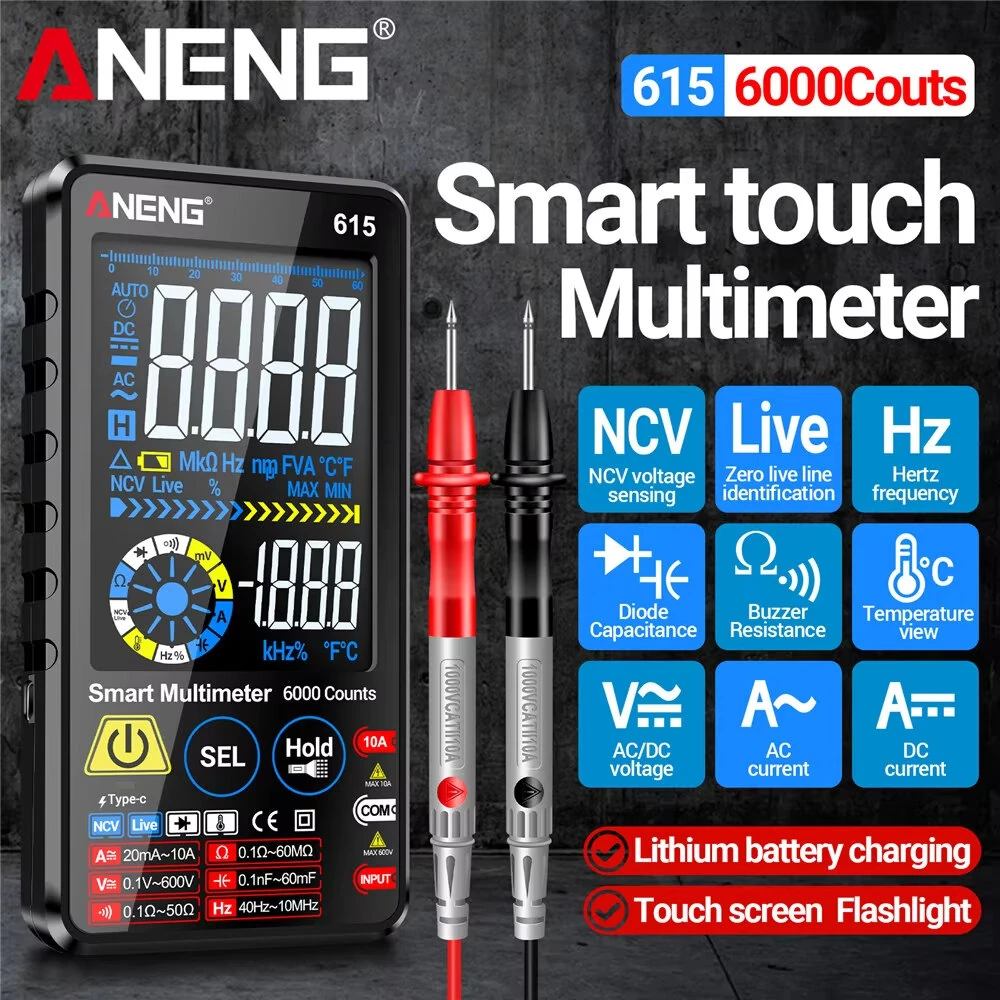 Aneng 615 Smart Multimeter | 6000 Counts, Touchscreen, Rechargeable - Image 2