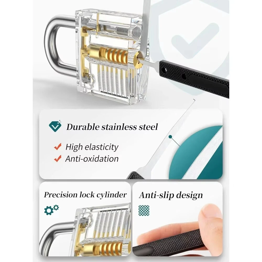 Premium Lock Pick Set 32-Piece Professional Kit | Transparent Training Locks & Anti-Slip Grip | Stainless Steel Tools for Padlock, Pin & Tubular Locks - Image 3
