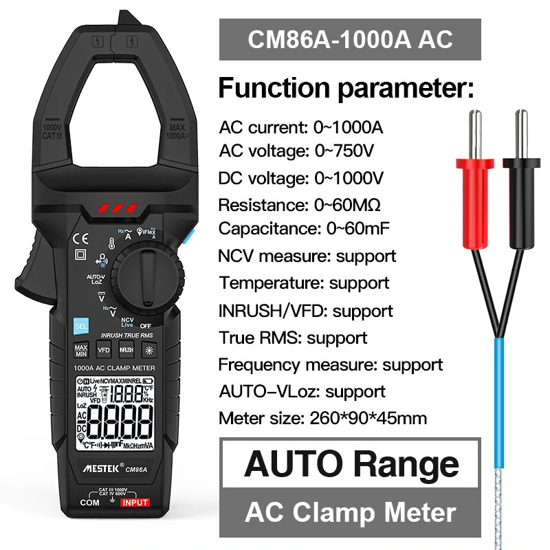 MESTEK CM86A 1000A AC Clamp Meter | Auto-Range, Measures Current Voltage Temperature - Image 2