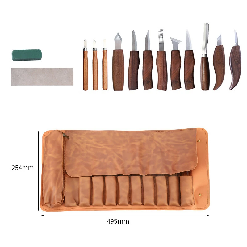 Carving Knife Set 12PCS - Wood Handle Carbon Steel Blades with Leather Roll & Sharpening Kit - Image 2