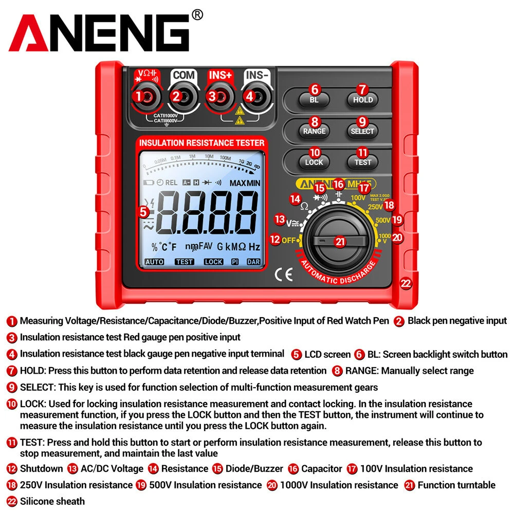 ANENG MH15 Digital Megohmmeter - Insulation Resistance Tester | 0-1000V AC/DC, 0-60mF Capacitance, 6000 Counts - Image 5