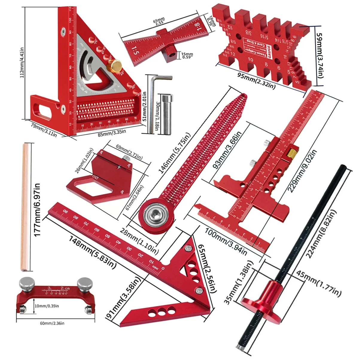 10pcs Aluminum Alloy Woodworking Square Kit - Multi-Angle Ruler & Compass Scriber - Image 2