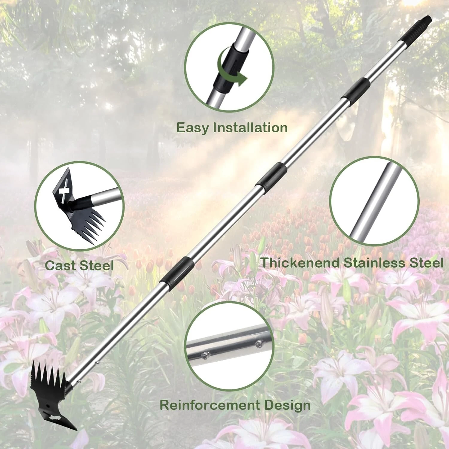 60 Inch Long Handle Weed Puller Tool | 2-in-1 Garden Hoe & Rake | Heavy Duty Stainless Steel - Image 4
