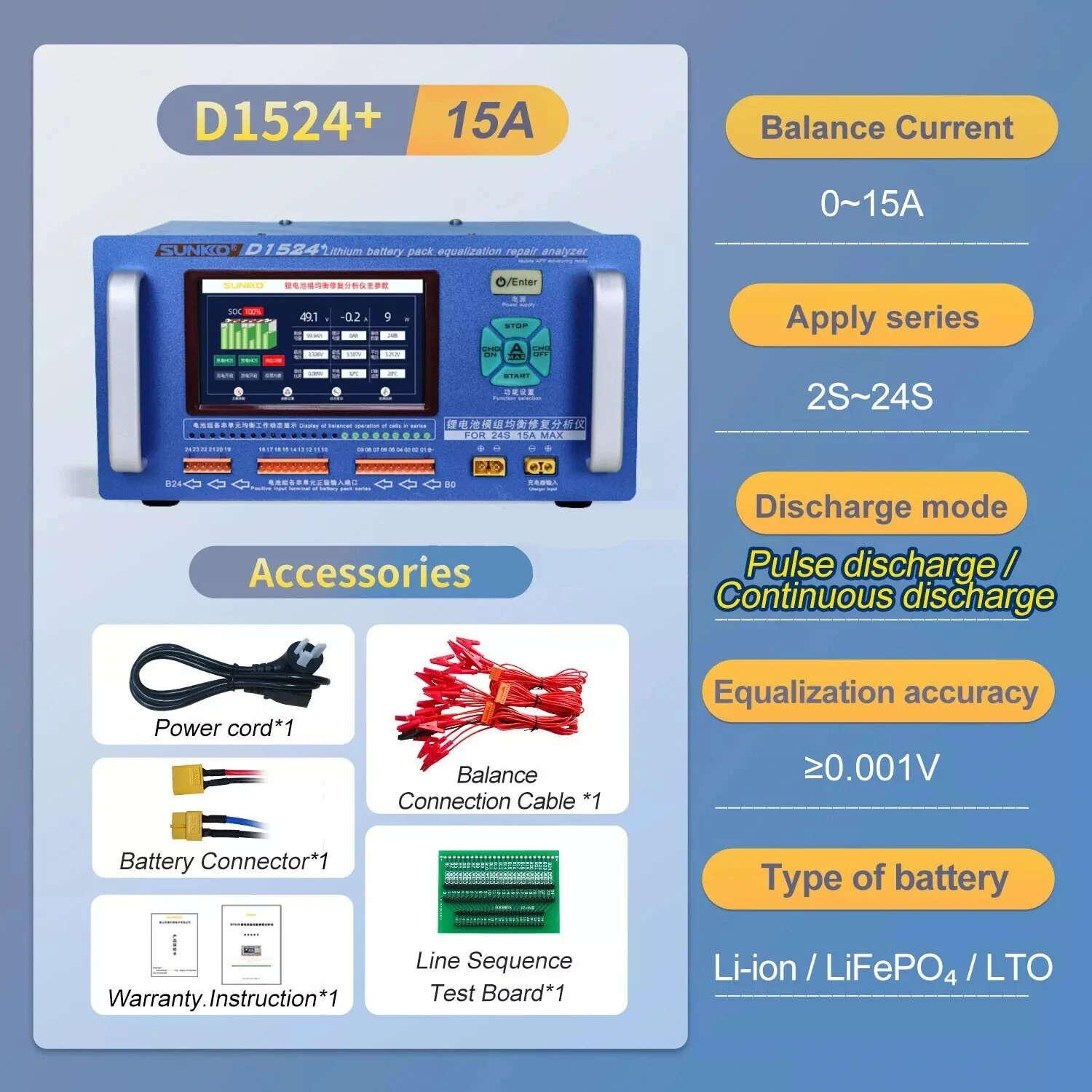 SUNKKO D1524+ 15A Battery Equalizer Analyzer | Touch Screen & Bluetooth | LiFePO4 LTO Ternary - Image 3