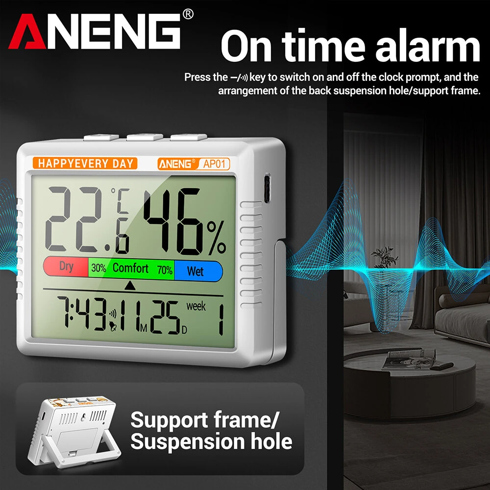 ANENG AP01 Thermohygrometer - Backlit LCD, Temp & Humidity Monitor | Alarm, Calendar, Type-C - Image 5