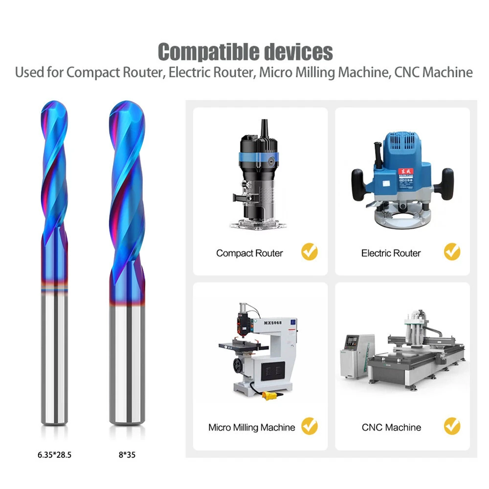 Carbide Spiral Up Cut Ball Nose End Mill | 1/4 Inch 8mm Shank | Nano Blue Coating - Image 5