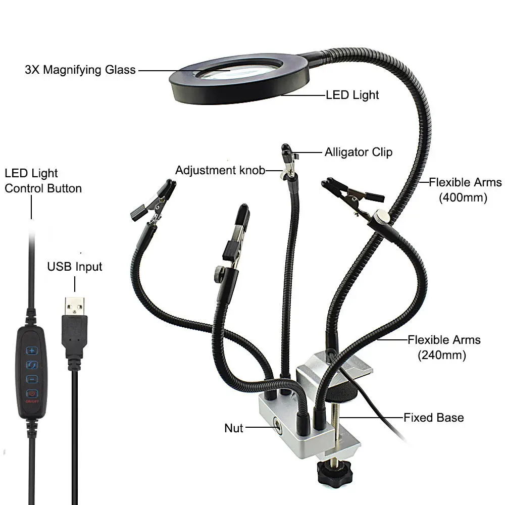 NEWACALOX USB LED 3X Magnifier Soldering Station | 5 Flexible Arm PCB Fixture & Bench Vise - Image 2