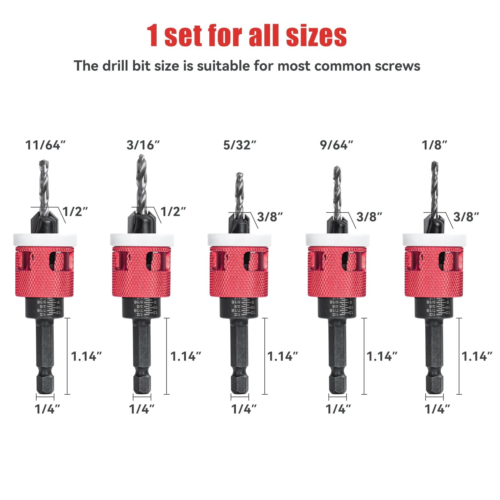 5PCS 1/4 Inch Hex Shank Countersink Drill Bit Set | Low Friction Stop for Wood, Plastic, MDF - Image 3