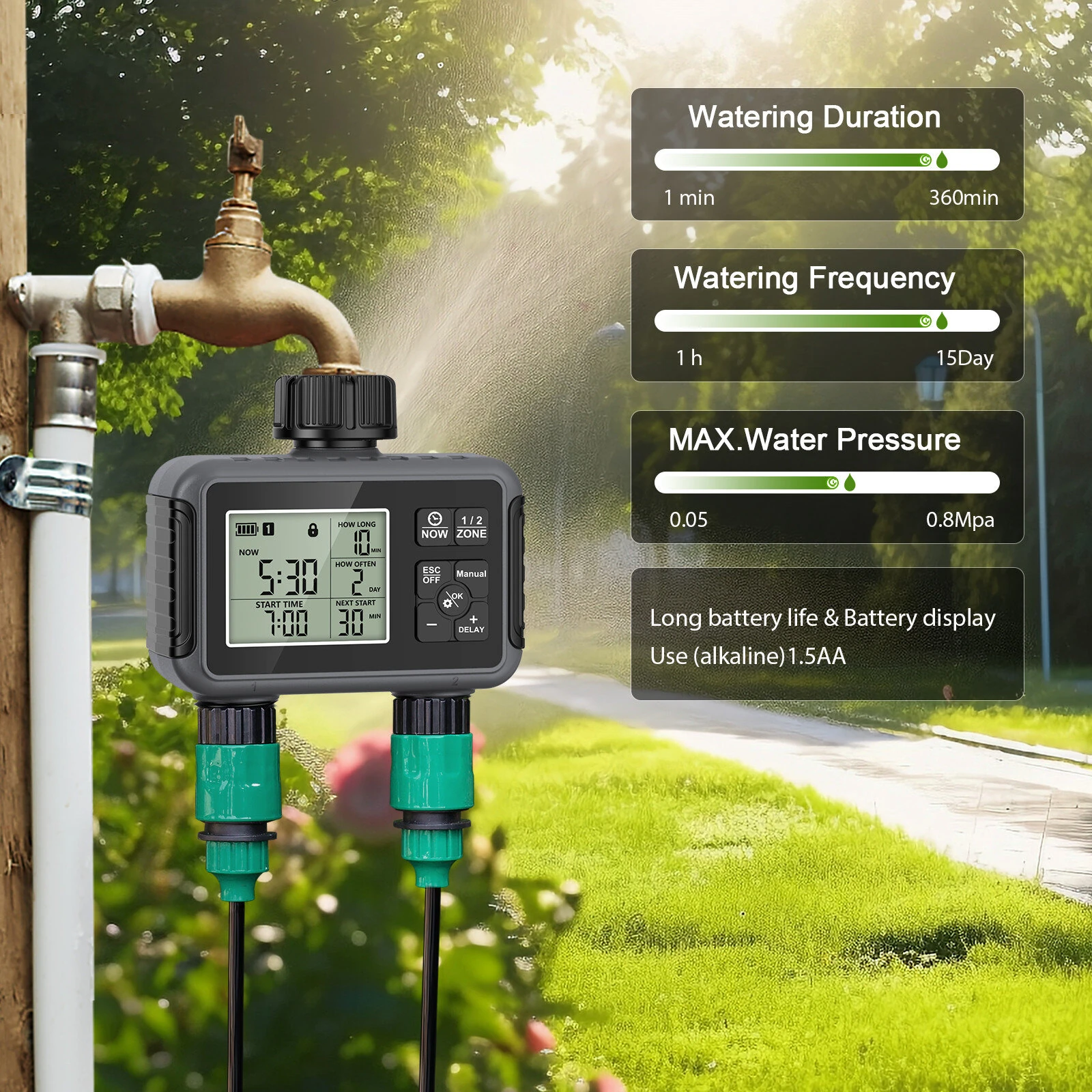 SGW07M Automatic Watering Timer - 2 Outlet Garden Controller - ABS UV Resistant IP55 - Image 5