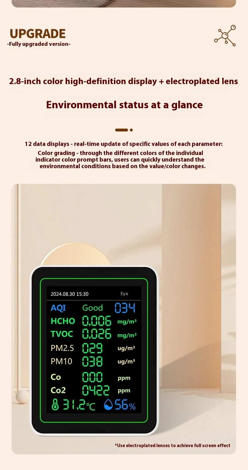 ZN-MT14 Air Quality Monitor | 12-in-1 Formaldehyde & PM2.5 Detector | Rechargeable LCD Display - Image 4