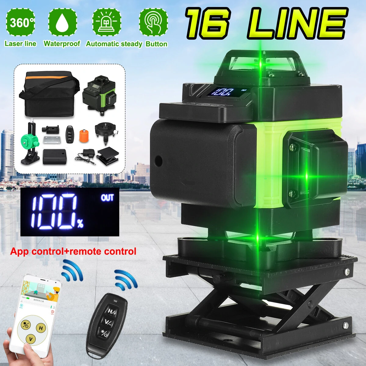 16 Line Green Laser Level - Self-Leveling 3D Horizontal & Vertical - Indoor Outdoor with Remote - Image 2
