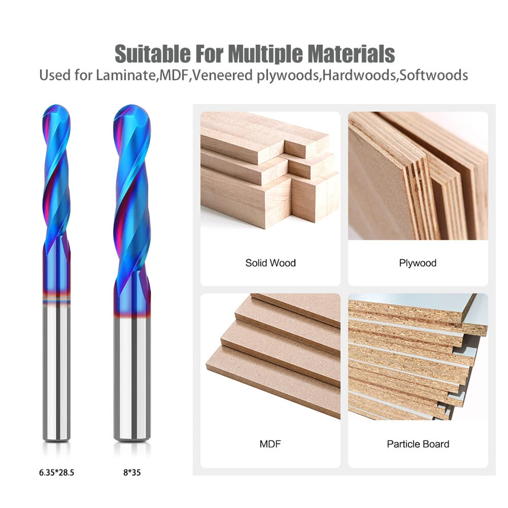 Carbide Spiral Up Cut Ball Nose End Mill | 1/4 Inch 8mm Shank | Nano Blue Coating - Image 4