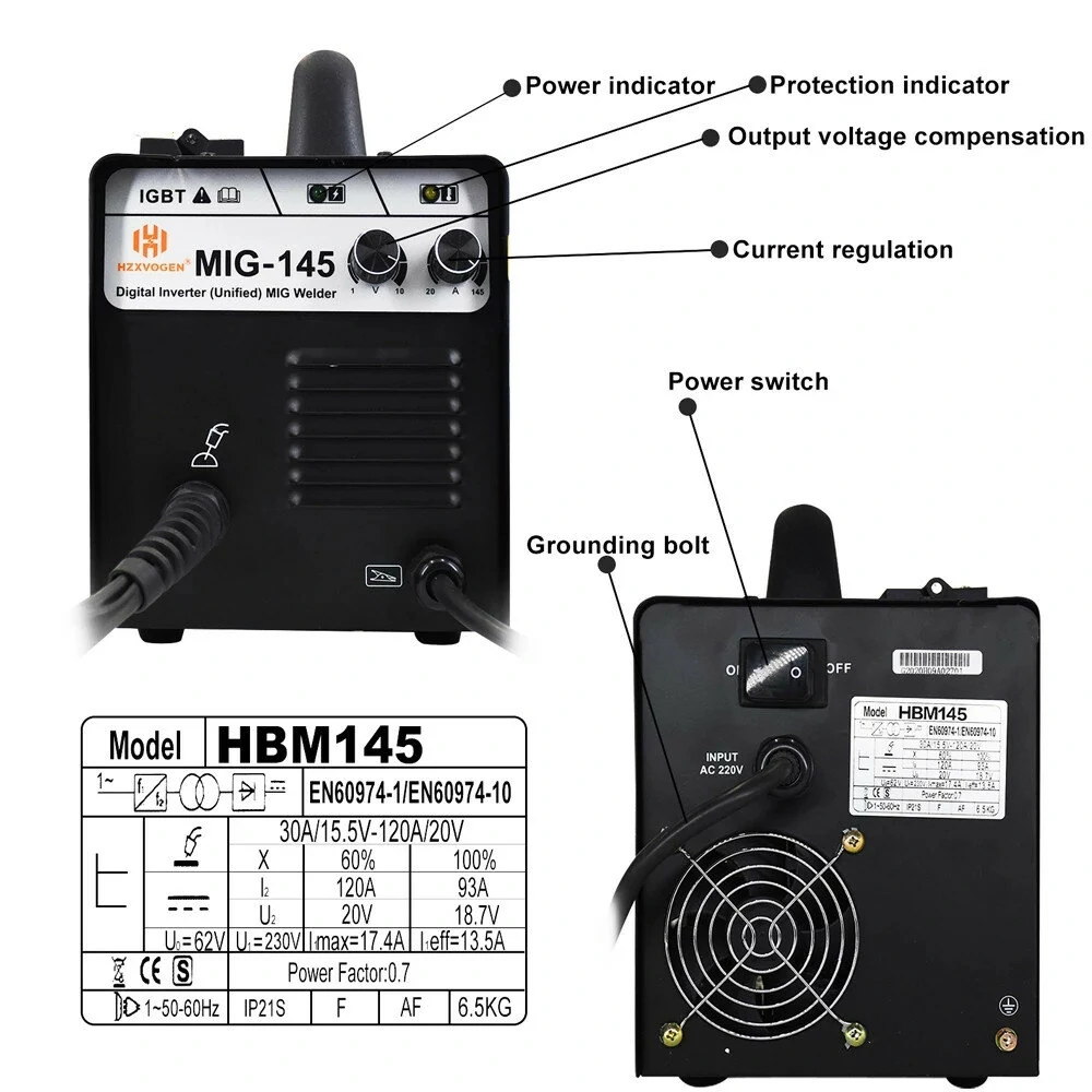 HZXVOGEN MIG145 Welder - 220V Gas/Gasless MIG Welding Machine | 0.8-4mm Thickness - Image 2