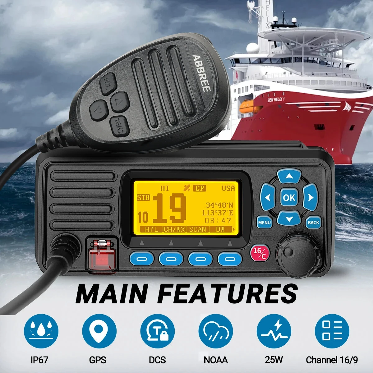 ABBREE AR-509MG VHF Marine Radio | 25W IP67 Waterproof | GPS & NOAA Weather Alerts - Image 2