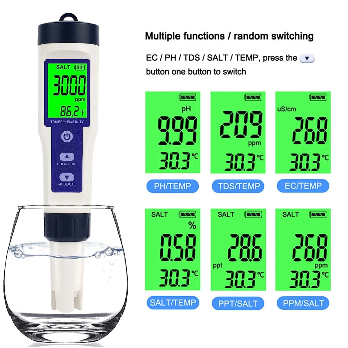 Digital Salinity Meter - 5 in 1 Pool Salt Tester | High Accuracy IP67 Waterproof | PPM PPT % Display - Image 2