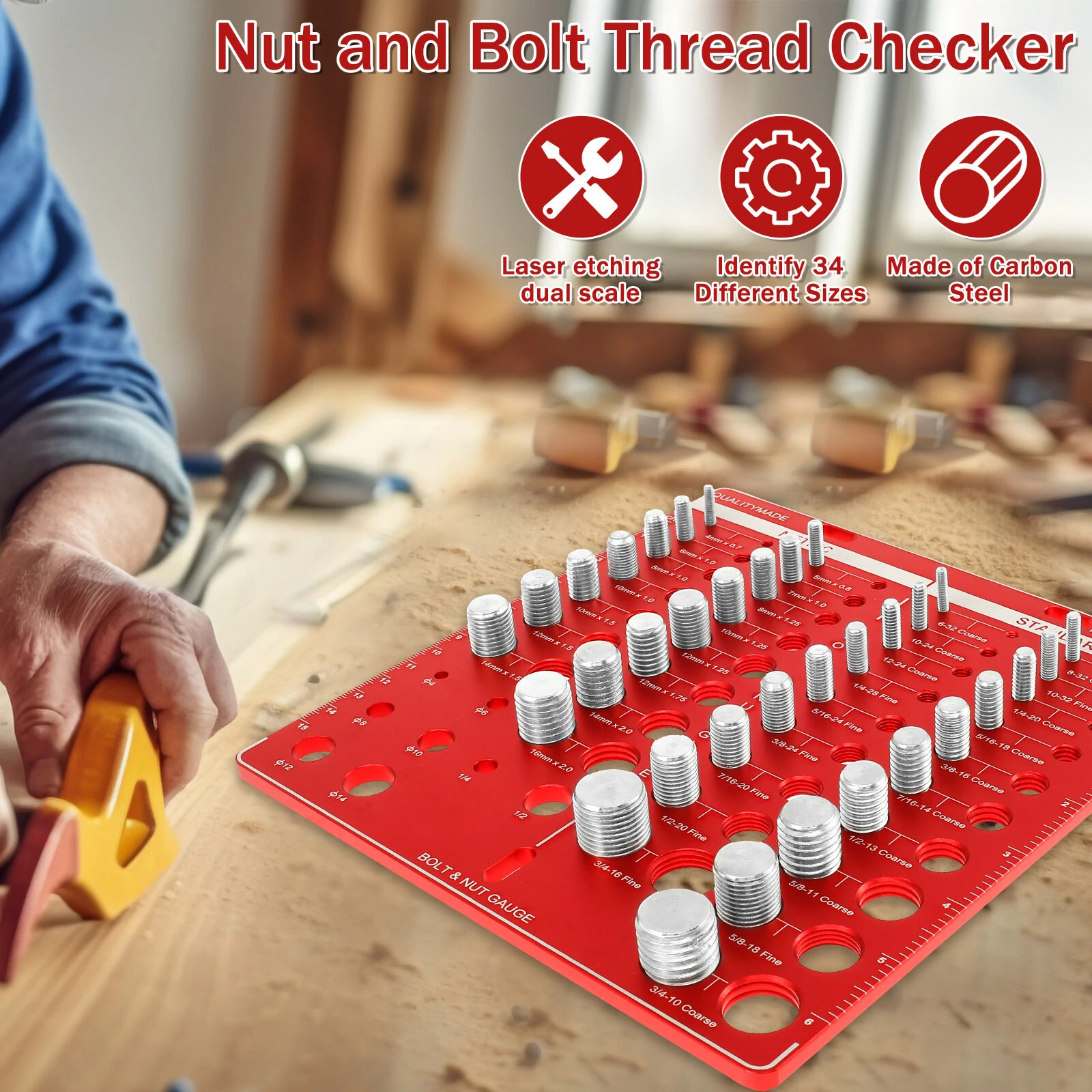 34 Nut & Bolt Thread Checker Gauge - Standard & Metric Sizes | Inch & CM Ruler - Image 2