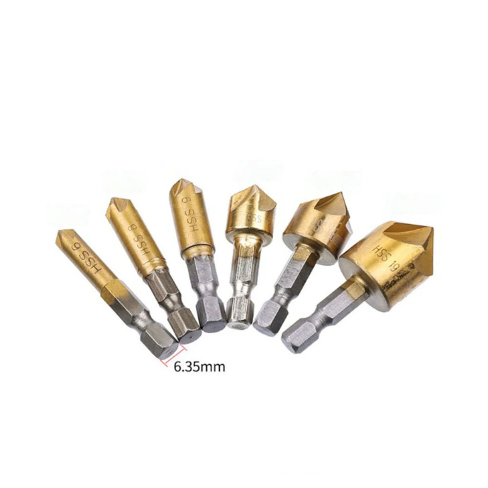 8Pcs Titanium Plated Hex Handle 5-Edge Chamfering Knife Set | Countersink Drill Bits - Image 3