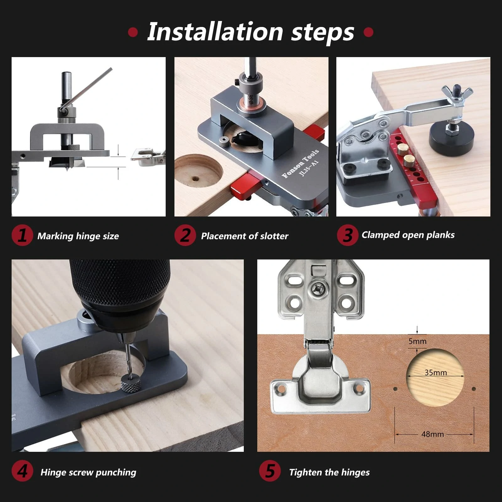 Fonson Tools 35mm Concealed Hinge Jig - Door Cabinet Mounting Guide for Woodworking - Image 5