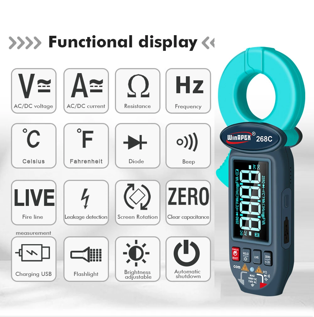 WinAPEX 268C Leakage Current Tester Clamp Meter | 60mA-100A AC | Type-C Rechargeable & Backlit LCD - Image 3