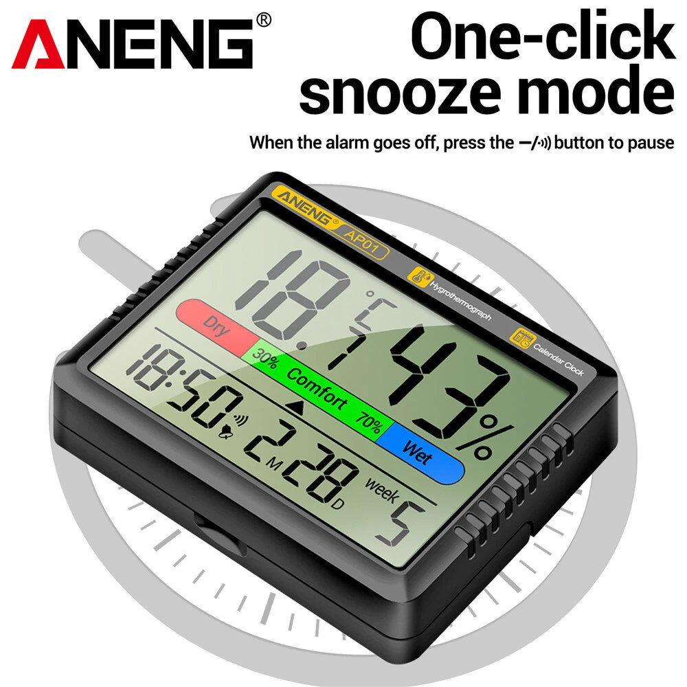 ANENG AP01 Hygrometer Clock - LCD Display Temperature & Humidity | Snooze Mode & Hourly Reminder for Home Office - Image 5