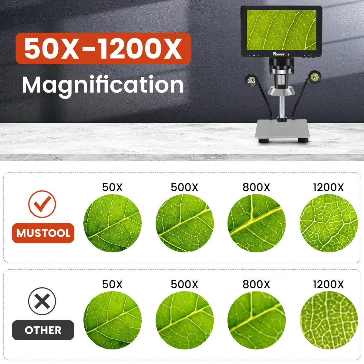 Mustool DM9 Digital Microscope - 7 Inch 1200X Magnification | 1080FHD Video & Adjustable LED Lights | Windows & Mac OS Compatible - Image 4