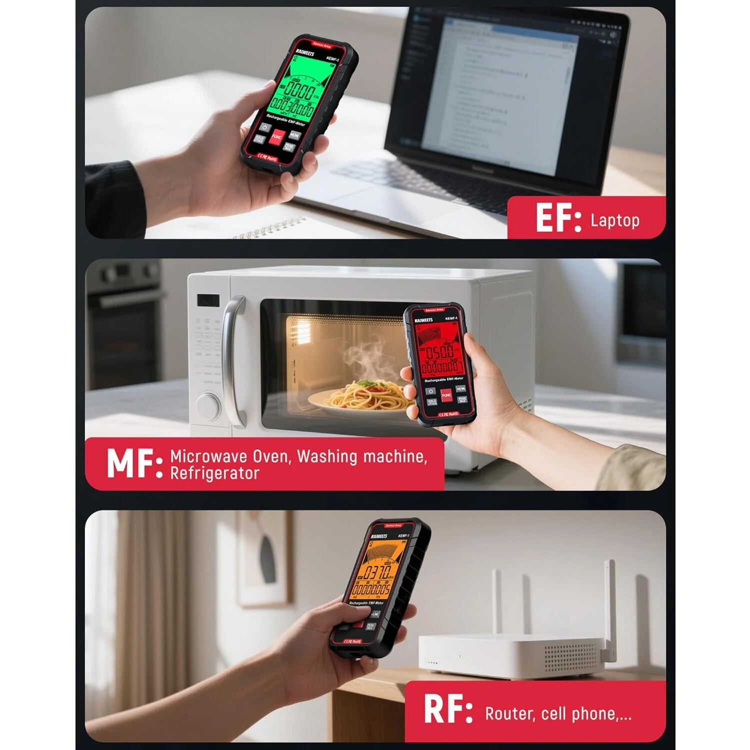 KAIWEETS KEMF-1 EMF Detector | 3-in-1 Handheld Meter for Magnetic RF WiFi Radiation - Image 3