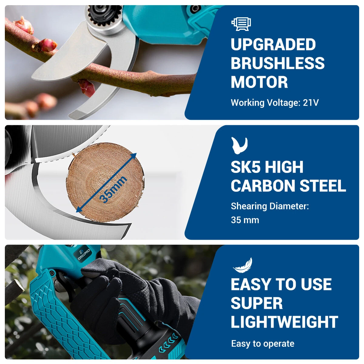Drillpro 35mm Cordless Pruning Shears | 21V 800W Electric - Makita Battery Compatible - Image 4