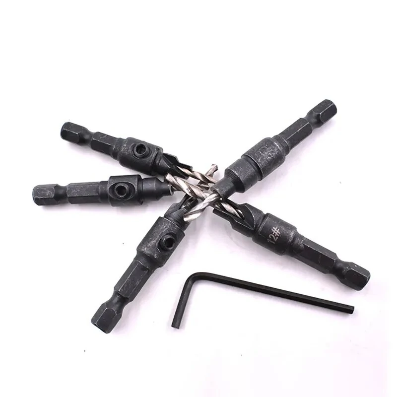 5PCS Countersink Drill Bit Set with Wrench | #5 #6 #8 #10 #12 Screw Sizes | Hex Shank Woodworking Tools - Image 4