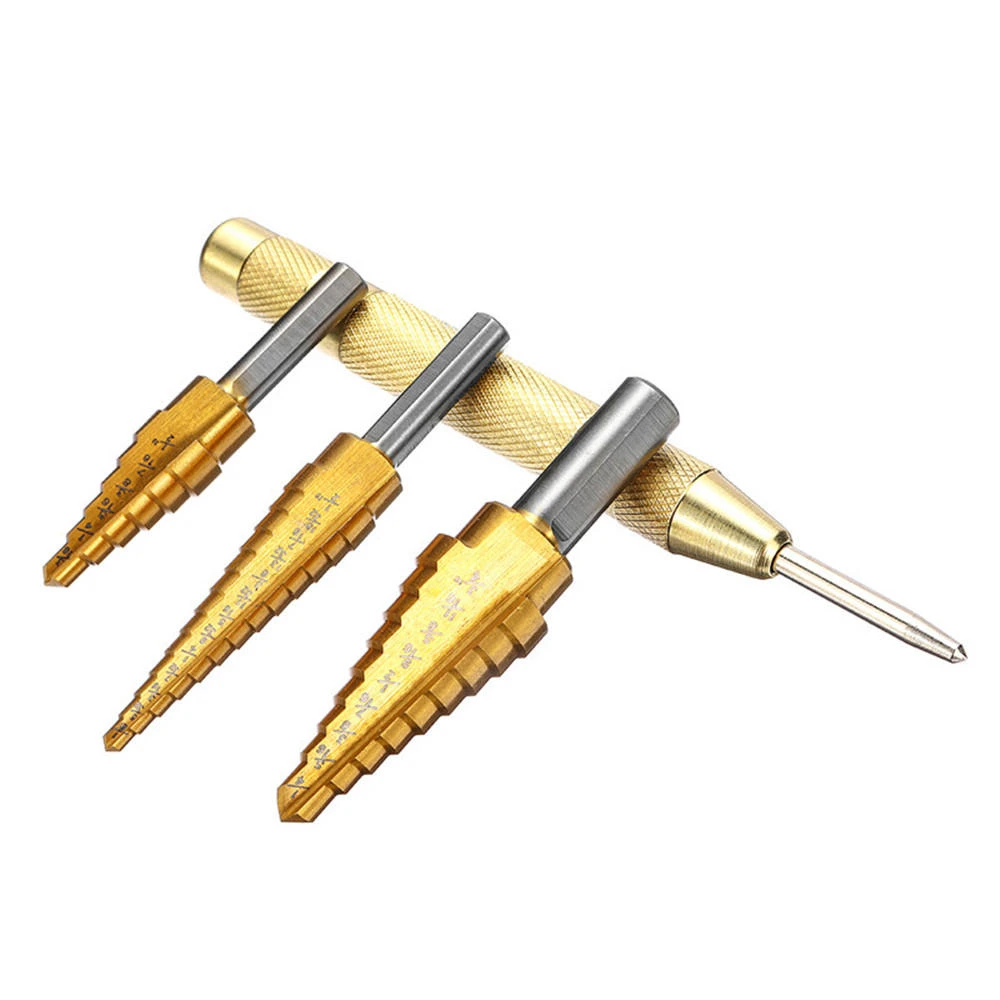 4pcs Titanium Coated Step Drill Bit Set | 3/16-1/2, 1/4-3/4, 1/8-1/2 in | with Center Punch - Image 3