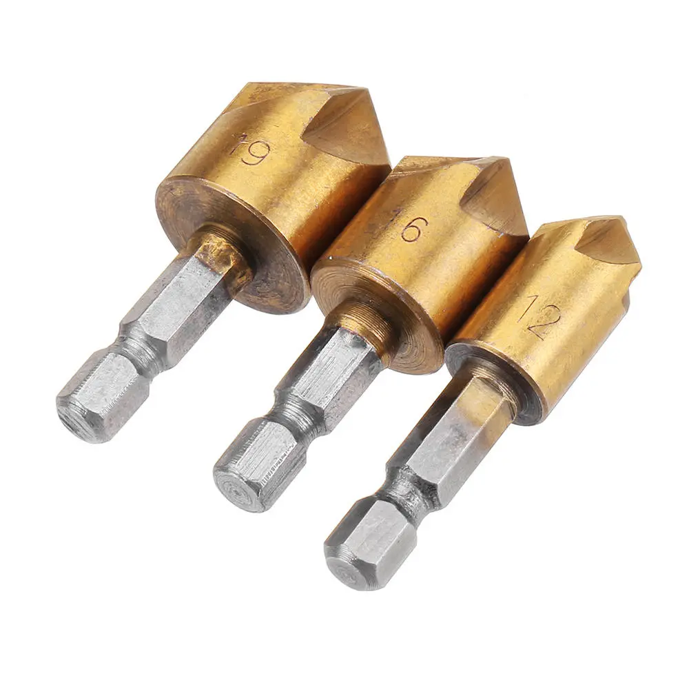 Drillpro 5 Flute Countersink Drill Bit Kit | 12/16/19mm | 1/4 Shank 3pc Set - Image 2