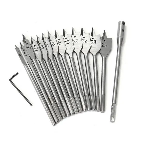 13pcs 6-25mm Wood Spade Drill Bits | 1/4 Inch Hex Shank with Extension Rod - Image 2