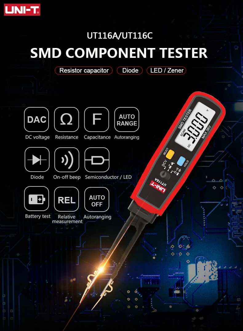 UNI-T UT116A SMD Tester - Rotatable Tweezer Multimeter | 3000 Counts - Image 3