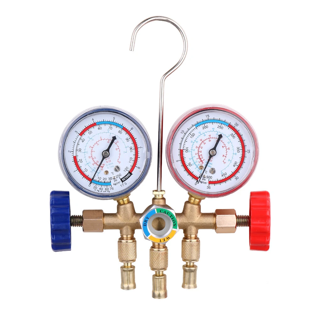 R12 R22 R404A R134A Refrigerant Manifold Gauge Set | AC HVAC Tools with Hose & Hook - Image 2
