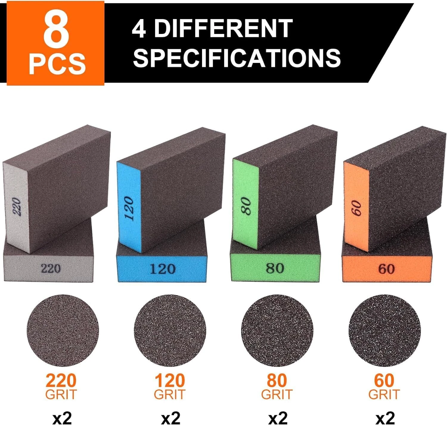 8pcs Washable Sanding Sponges | Assorted Grits 60-220 | For Wood Metal Drywall - Image 2