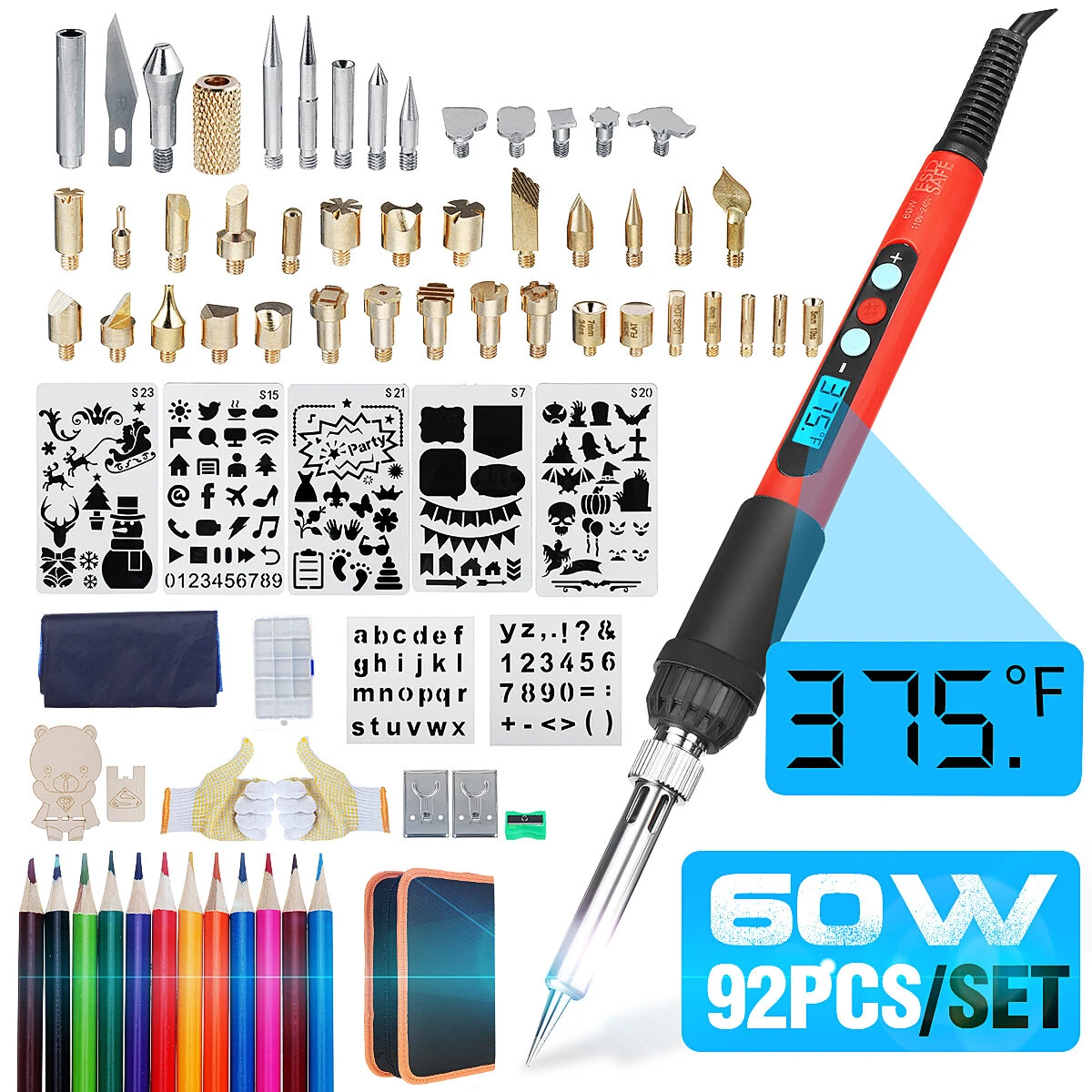 60W Electric Wood Burning Pen - 92pcs Adjustable Pyrography Tool with Soldering Iron Tips - Image 2