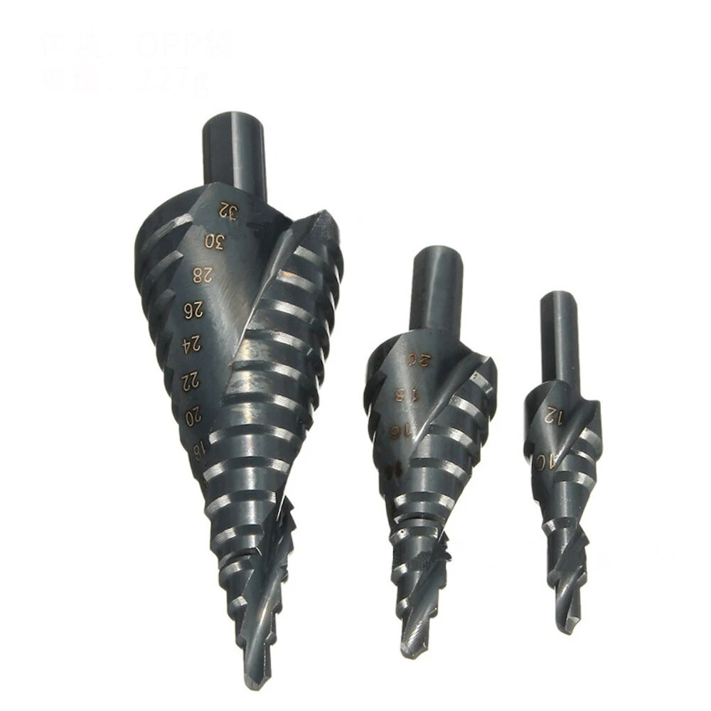 3Pcs HSS Spiral Flute Step Drill Bit Set | Triangle Shank & Center Punch - Image 2